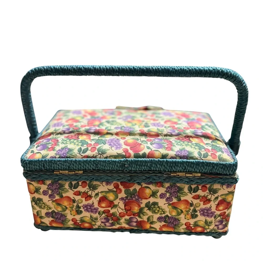 Vintage Fruit Print Sewing Basket Teal Wicker Trim Floral Craft Storage Box